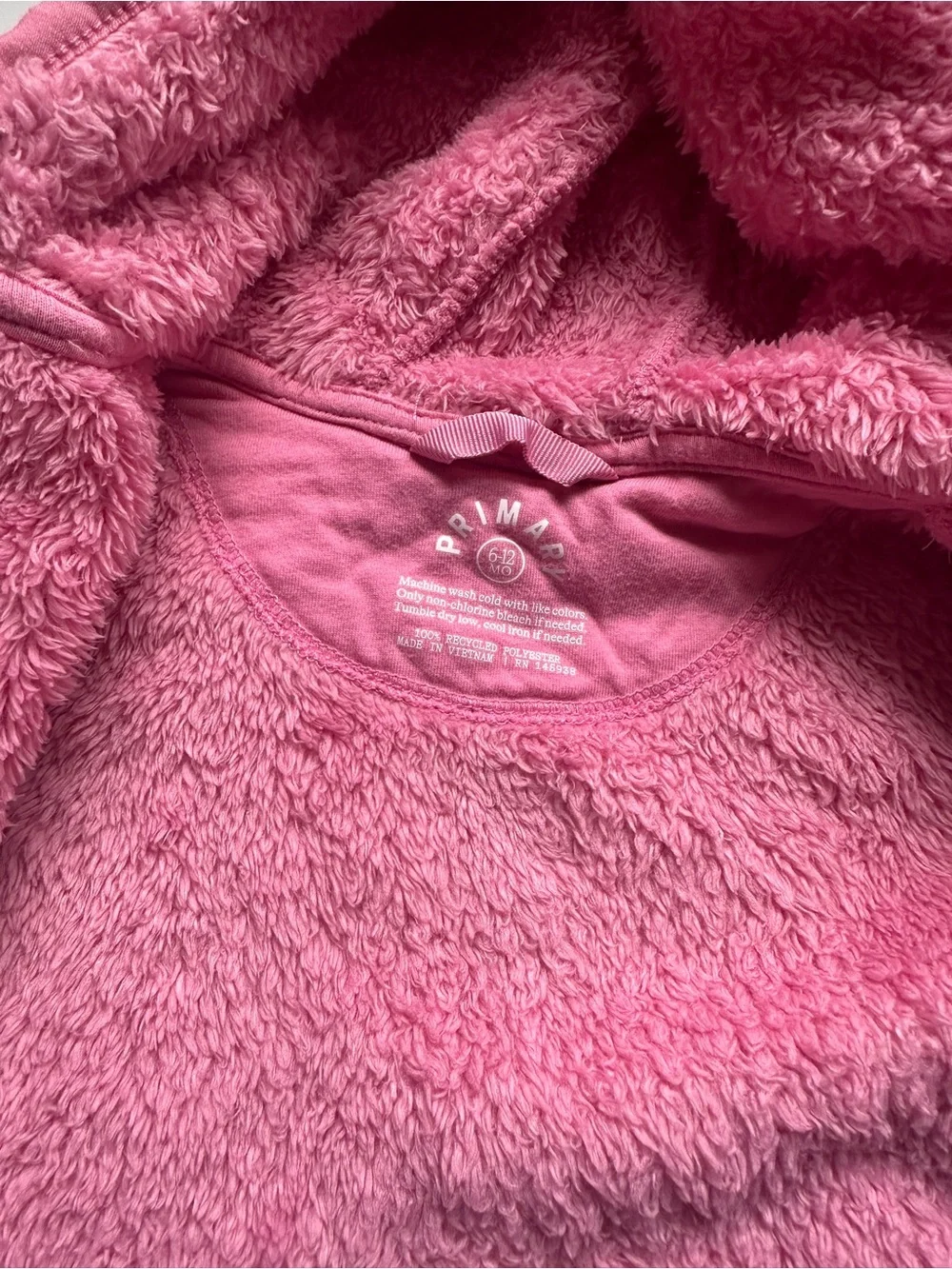 Primary Pink Baby Teddy Fleece Jacket Coat Zip Up with Hood 6-12m